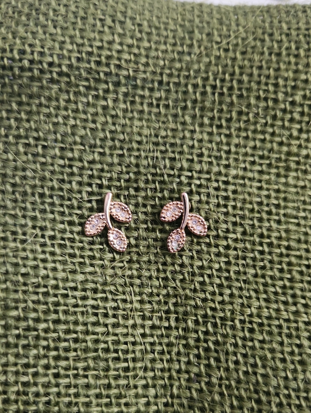 Delicate Faux Gold And Pave Diamond Leaf Stud Earrings